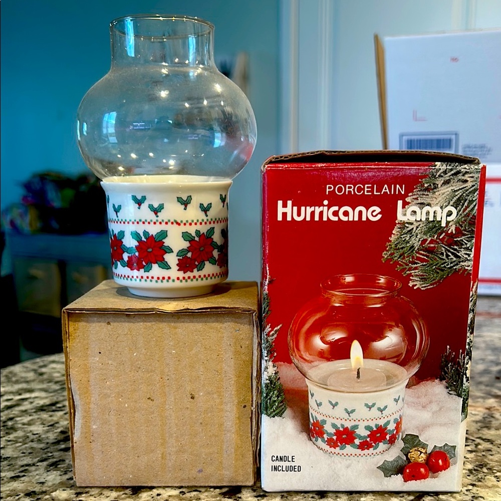 Vintage Porcelain Hurricane Lamp with Red and Green Design. Christmas Design